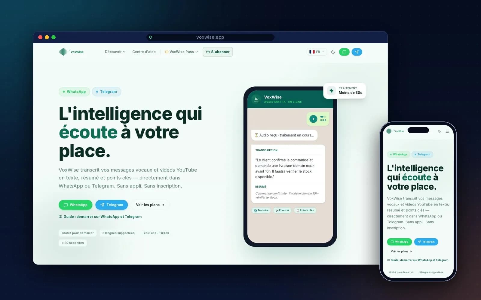 VoxWise — Transcription et résumé IA, directement dans WhatsApp et Telegram.