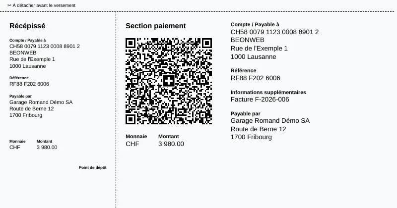 Section paiement QR-facture générée automatiquement